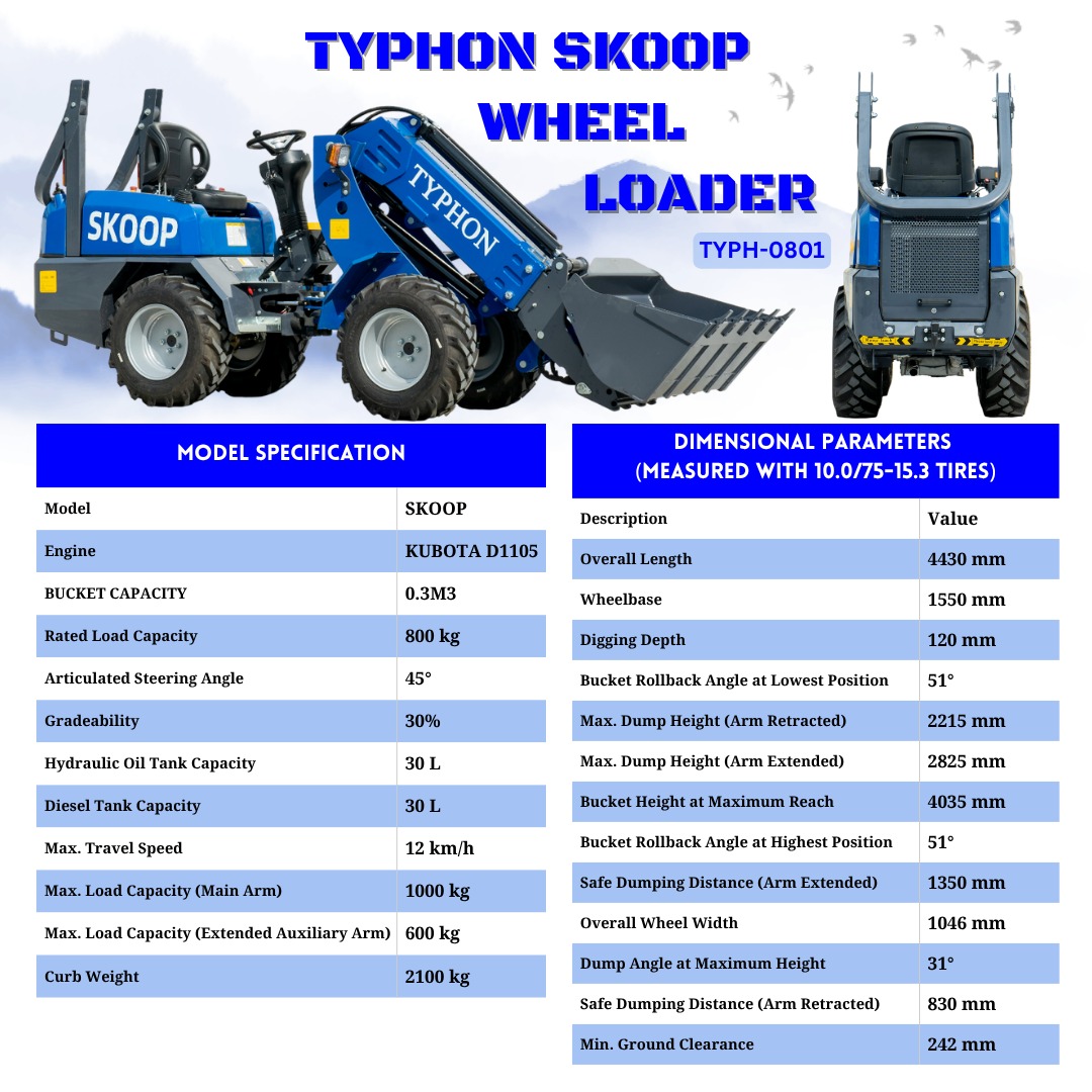 New TYPHON Wheel Loader with Kubota D1105 engine 24 hp 1 ton Load USA - Image 2
