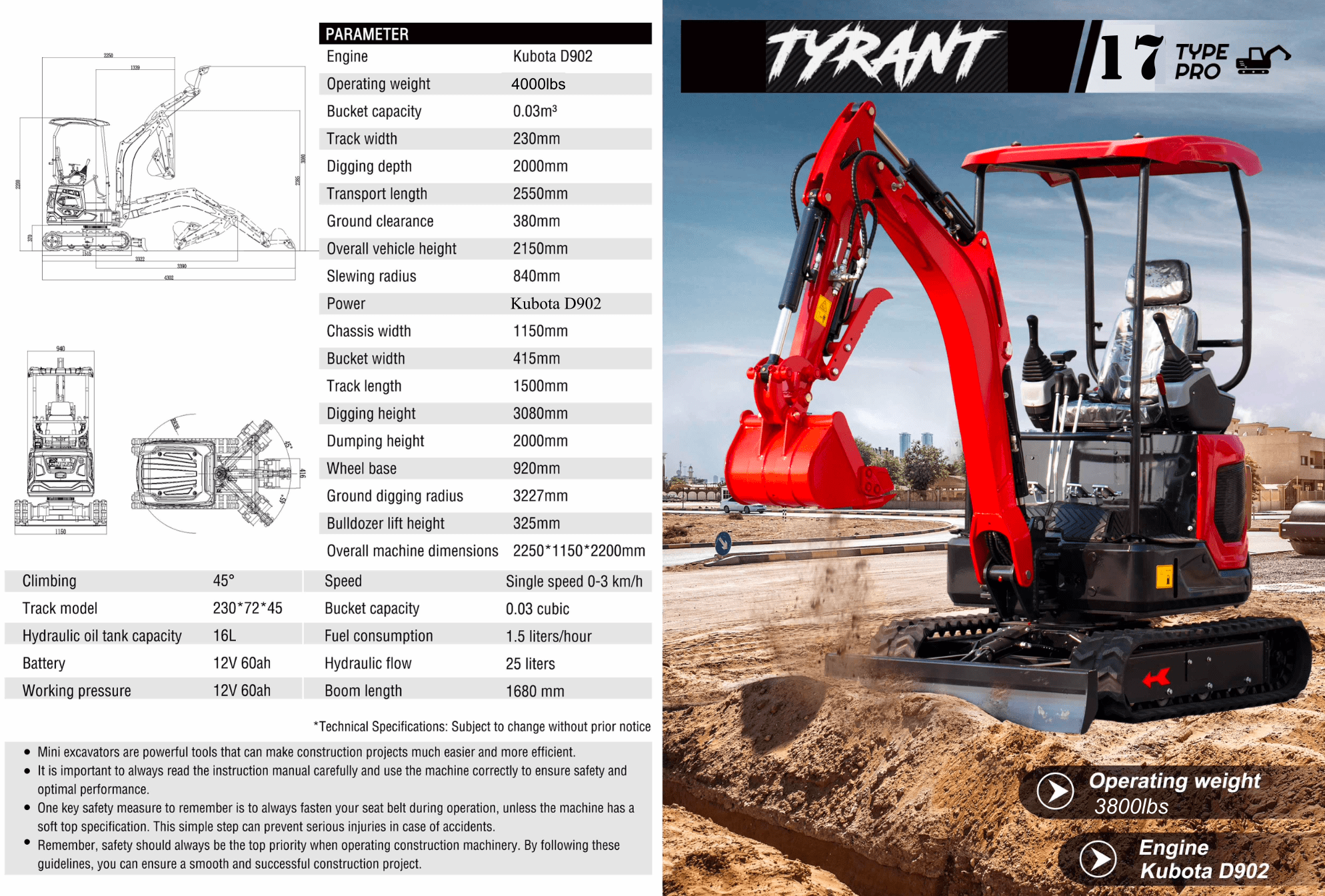 3800lbs TYRANT 17 Diesel Mini Excavator Kubota D902 Engine Side Swing w 12 attachments - Image 2